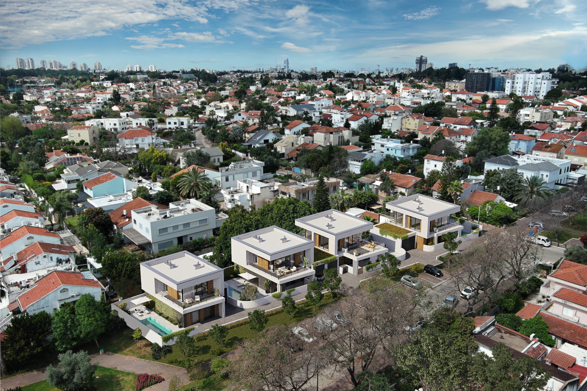 מבט אווירי ביום על ארבעת הבתים בקיבוץ גלויות 131, הרצליה